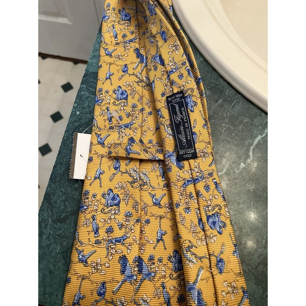 Alain Figaret Silk Tie Blue Monkey Floral Novelty Animal Pattern Made in France